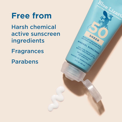 Blue Lizard Sheer Mineral SPF 50 Sunscreen Lotion, Zinc Oxide, 100% Mineral Formula, Rubs In Smooth..