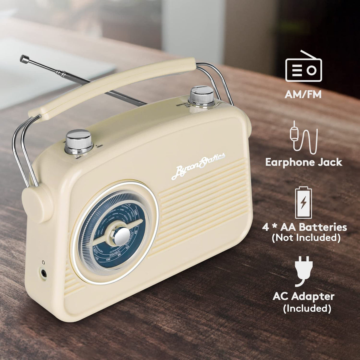 ByronStatics Portable Radio AM FM, Vintage Retro Radio - Cream..