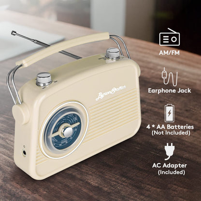 ByronStatics Portable Radio AM FM, Vintage Retro Radio - Cream..
