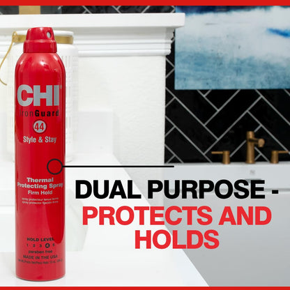 CHI 44 Iron Guard Style &amp; Stay Firm Hold Protecting Spray, Heat Protectant & Hairspray for a Long-Lasting Hold..