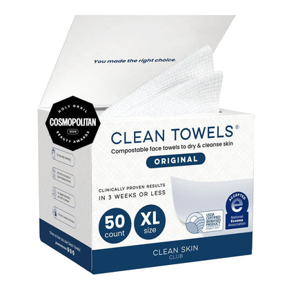 Clean Skin Club Clean Towels XL®, 100% USDA Biobased Face Towel, Disposable Face Towelette, Eczema Association Accepted..