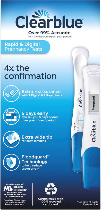 Clearblue Pregnancy Test Combo Pack, 4ct - Digital with Smart Countdown & Rapid Detection - 4 Count (Pack of 1)