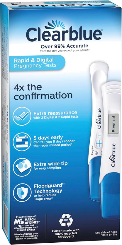 Clearblue Pregnancy Test Combo Pack, 4ct - Digital with Smart Countdown & Rapid Detection - 4 Count (Pack of 1)
