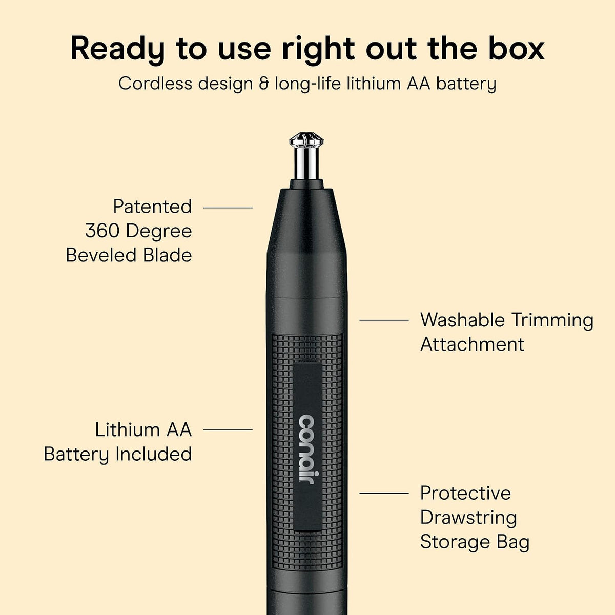 ConairMAN Ear and Nose Hair Trimmer for Men, Cordless, 360° Bevel Blade