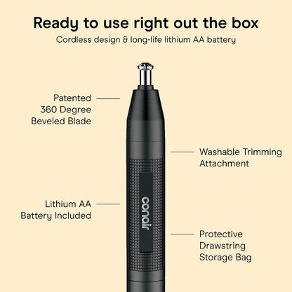 ConairMAN Ear and Nose Hair Trimmer for Men, Cordless, 360° Bevel Blade