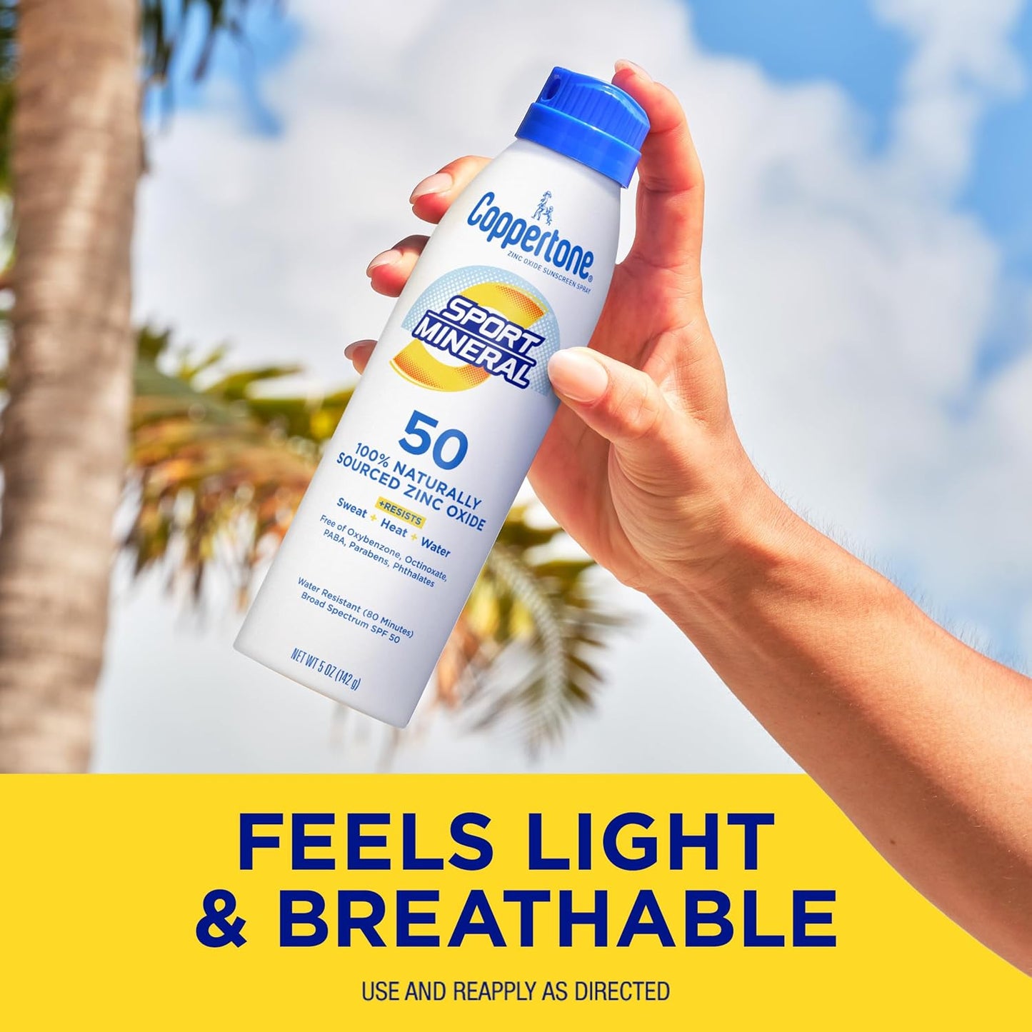 Coppertone SPORT Mineral Sunscreen Spray SPF 50, 5 OZ | Zinc Oxide Mineral Sunscreen Spray SPF 50 , Sweat..