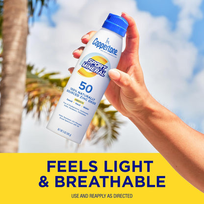 Coppertone SPORT Mineral Sunscreen Spray SPF 50, 5 OZ | Zinc Oxide Mineral Sunscreen Spray SPF 50 , Sweat..