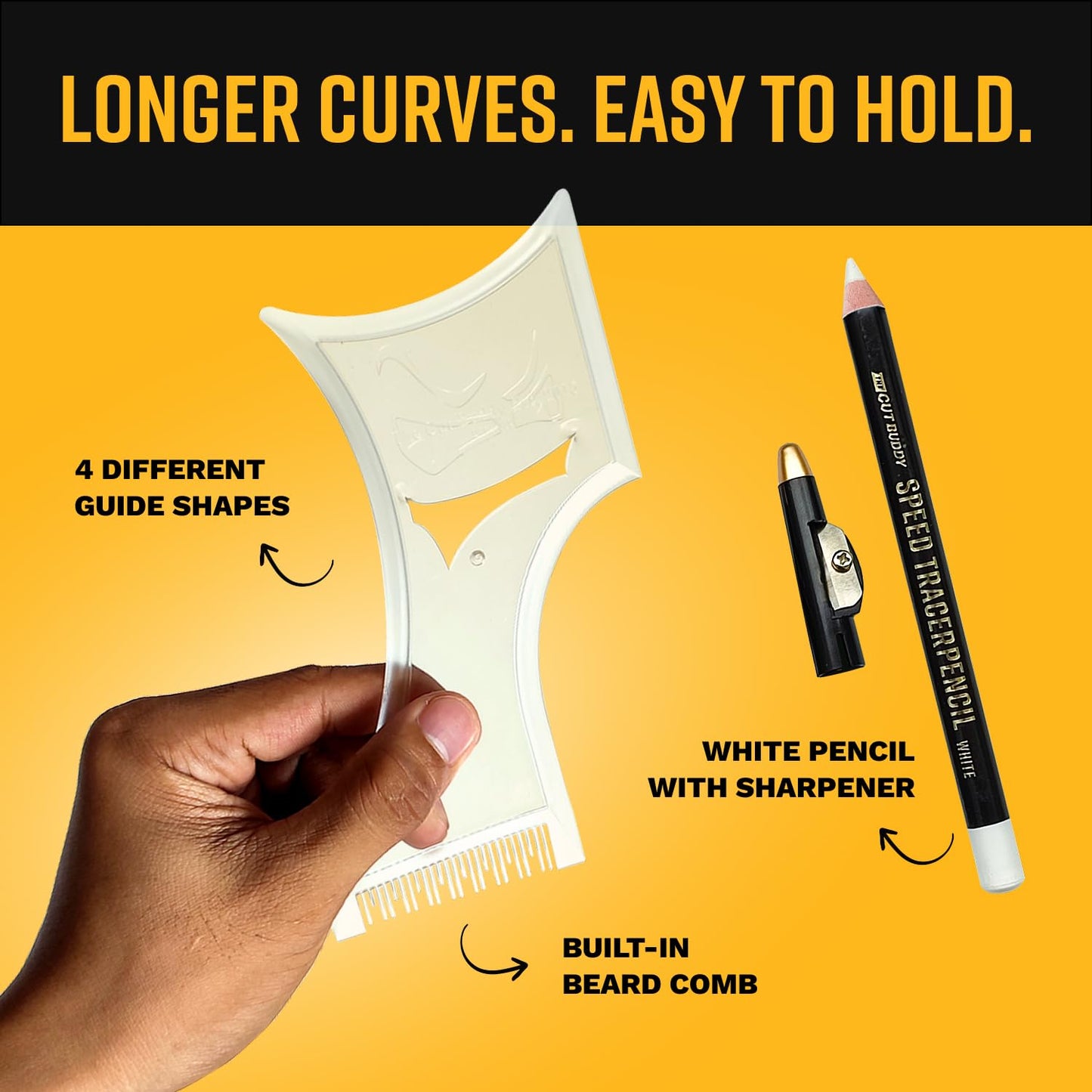 The Cut Buddy PLUS Beard Shaping Tool, Clear Template with Built-in Comb and Bonus Pencil, Ideal for Hairline..
