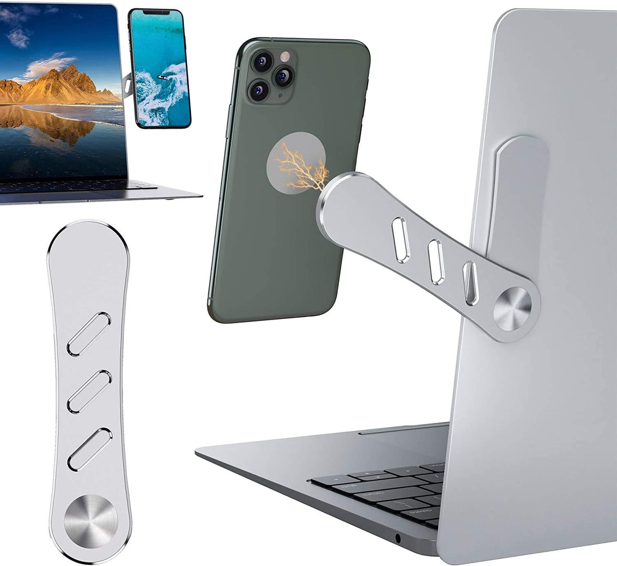 DK177 Magnetic Phone Holder, Laptop or Desktop Monitor Side Mount Phone Holder, Silver..