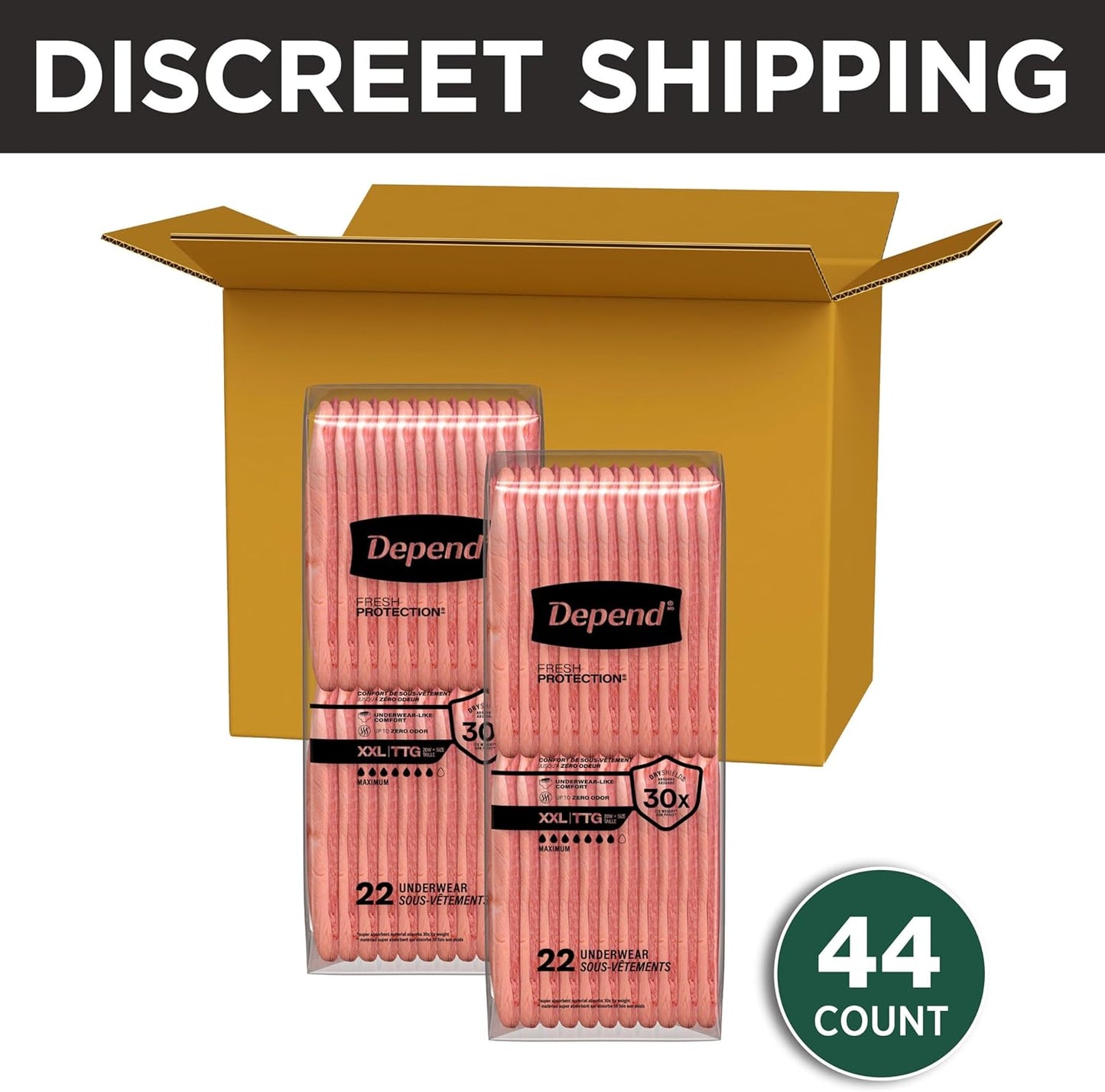 Depend Fresh Protection Adult Diapers, Incontinence Underwear for Women, 44 Count (2 Packs of 22), Packaging May Vary
