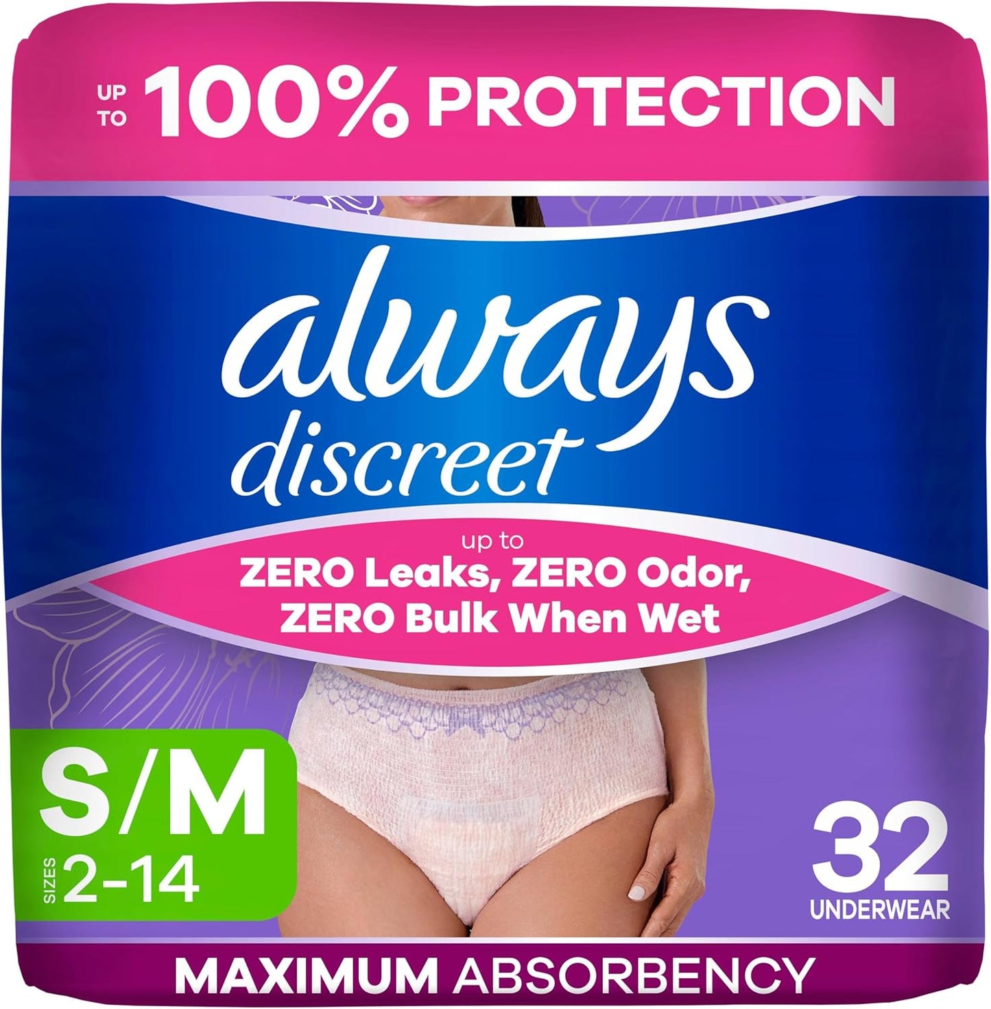 Always Discreet Adult Diapers for Women, Incontinence Underwear, Small/Medium, 32ct
