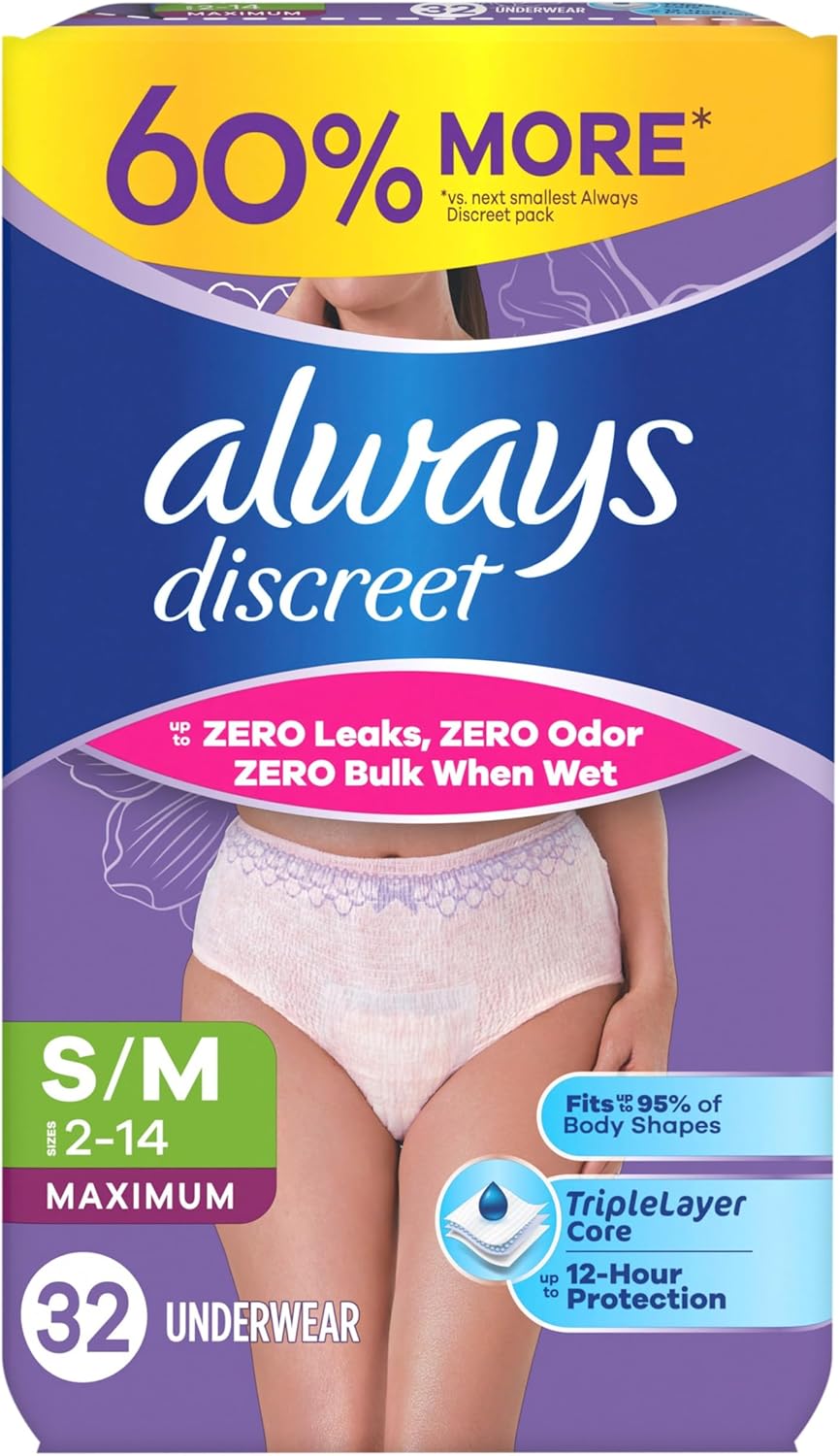 Always Discreet Adult Diapers for Women, Incontinence Underwear, Small/Medium, 32ct