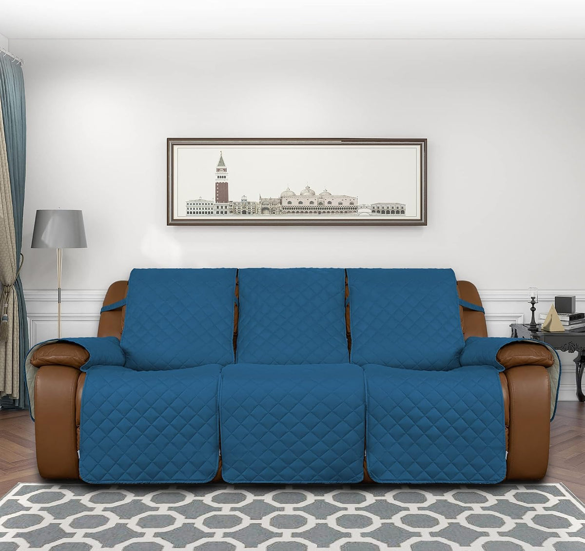 Easy-Going Reversible Couch Cover for 3 Seat Recliner, Peacock Blue/Beige