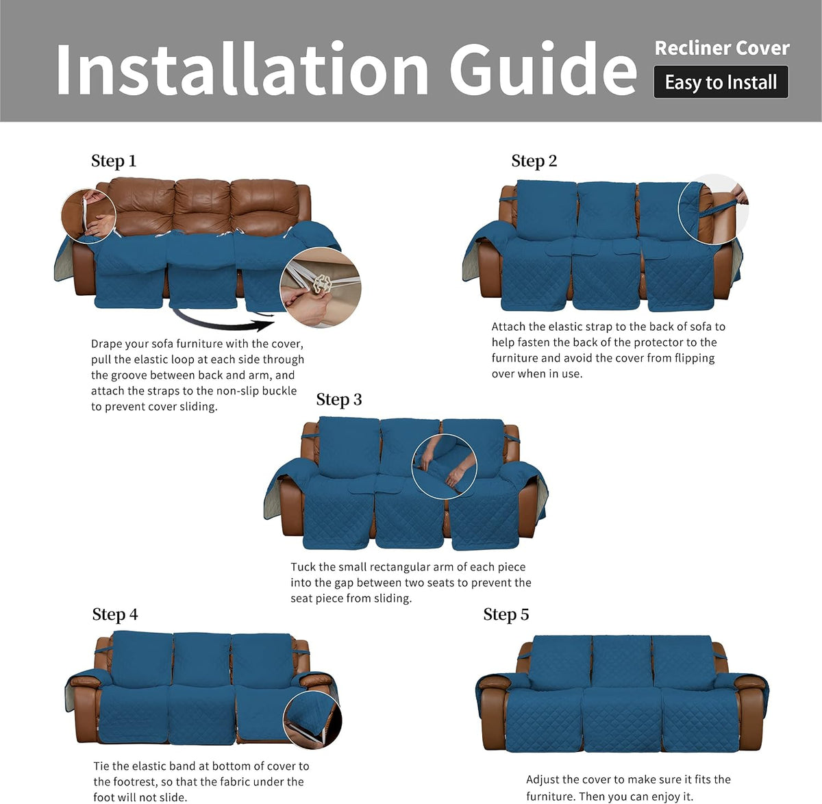 Easy-Going Reversible Couch Cover for 3 Seat Recliner, Peacock Blue/Beige