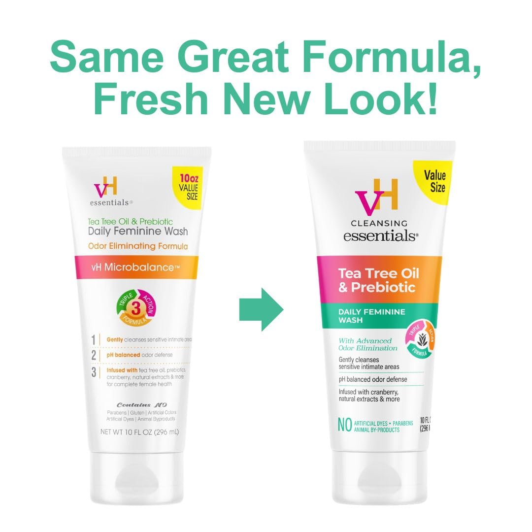 vH Essentials Daily Feminine Wash - 10 Fl Oz - Odor Eliminating Vaginal Wash with Tea Tree Oil, Prebiotics and Cranberry..