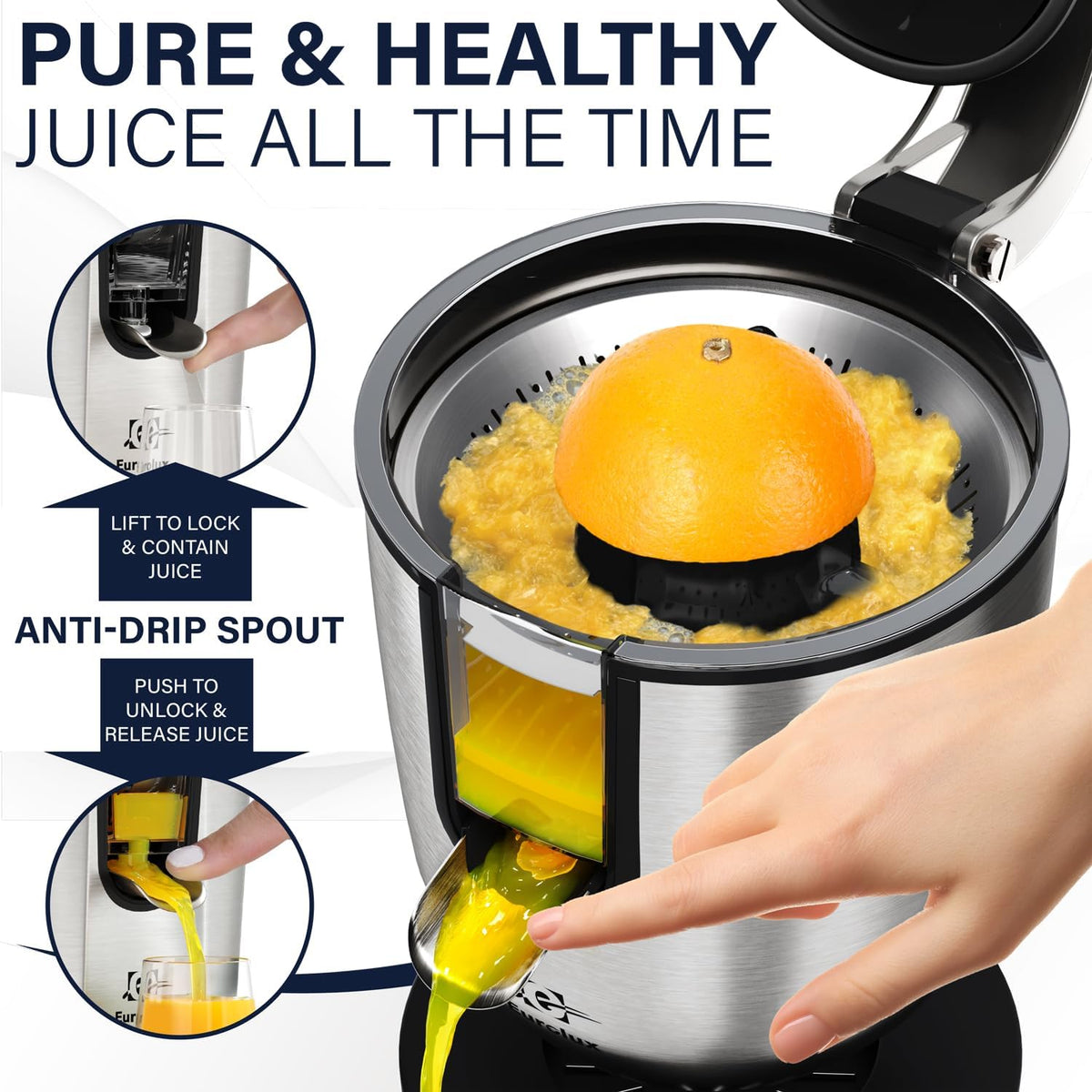 Eurolux Premium Electric Orange Juicer | Stainless Steel Citrus Squeezer