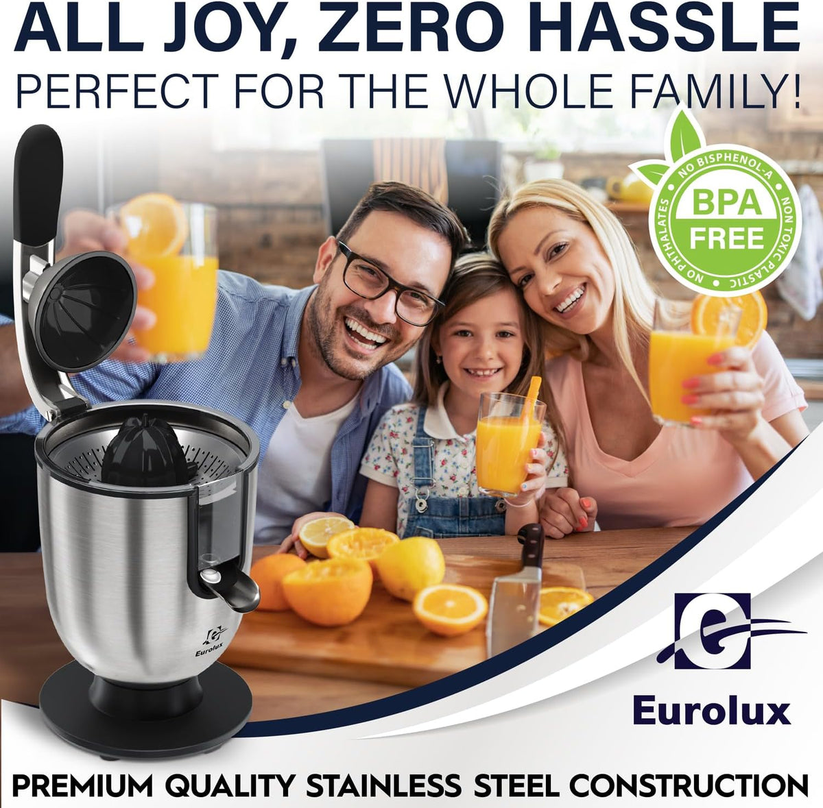 Eurolux Premium Electric Orange Juicer | Stainless Steel Citrus Squeezer