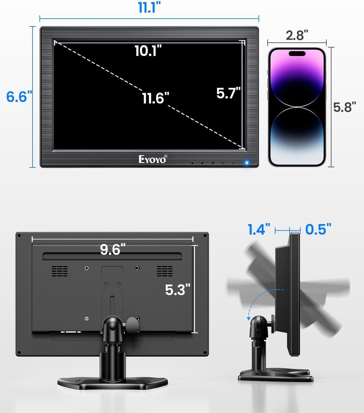 Eyoyo 12" Inch TFT LCD Monitor with AV HDMI BNC VGA Input 1366x768