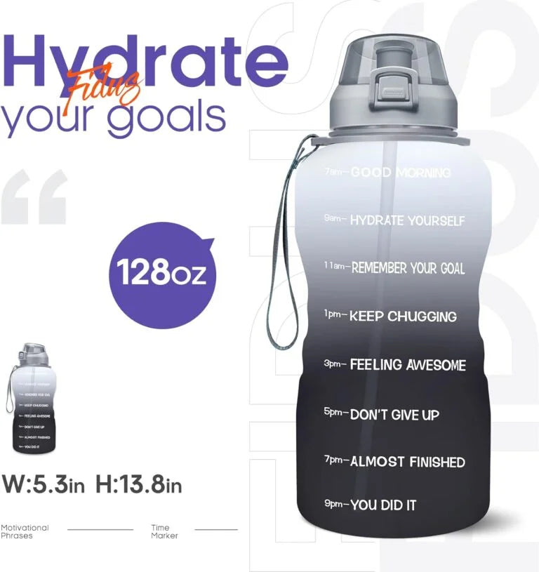 Fidus Large 1 Gallon/128 oz Motivational Water Bottle with Time Marker & Straw
