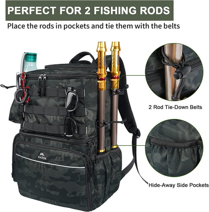 MATEIN Fishing Backpack, Water Resistant Tackle Storage Bag for Men (Camouflage)