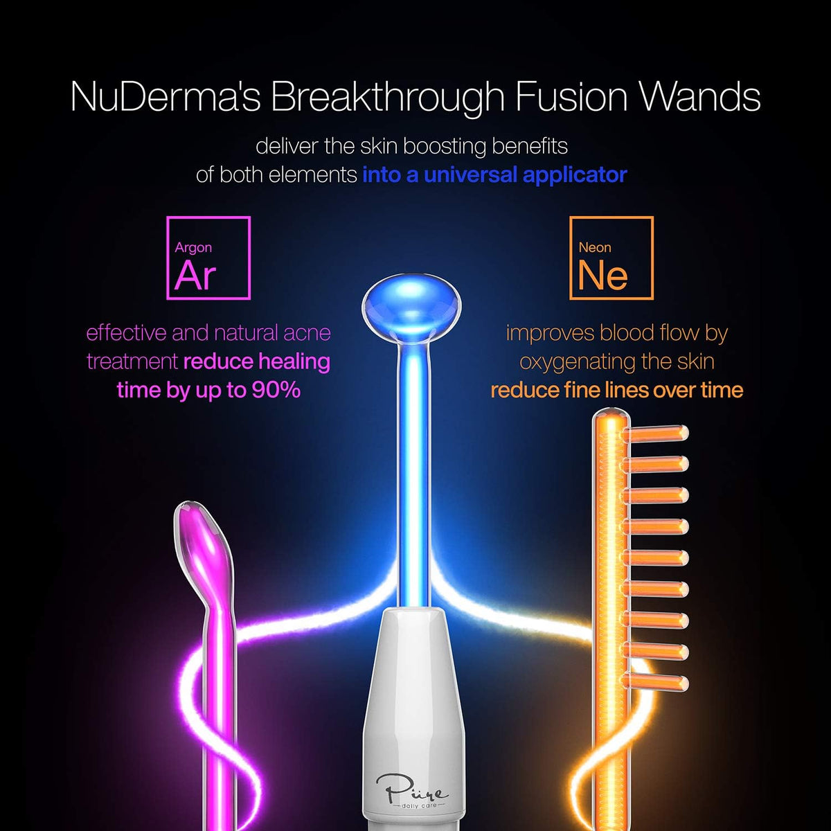4-Piece Fusion Wand Acessory Set for Nuderma Wands - NuDerma NOT Included - Neon &amp; Argon Fusion Glass applicators..