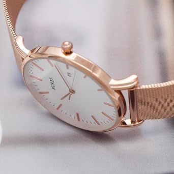 BUREI Men Wrist Watches Fashion Minimalist Thin Analog Quartz Waterproof Watches (Rose Gold)
