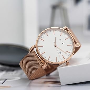 BUREI Men Wrist Watches Fashion Minimalist Thin Analog Quartz Waterproof Watches (Rose Gold)