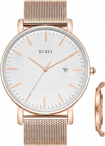 BUREI Men Wrist Watches Fashion Minimalist Thin Analog Quartz Waterproof Watches (Rose Gold)