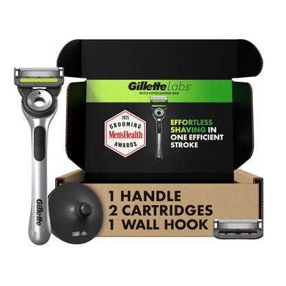 Gillette Labs Men's Razor Set, 1 Shower Hook, 1 Handle, 2 Blade Refills, Silver and Black