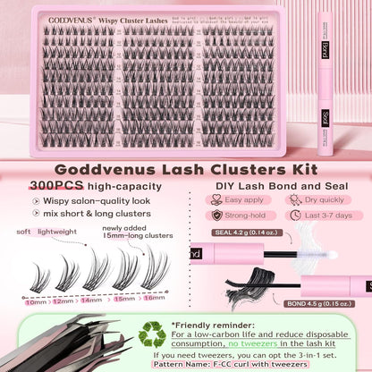 Goddvenus Lash Clusters Kit Wispy Eyelash Clusters Lashes Natural DIY Lash Extension Kit 10-16mm Cluster Eyelash Extensions Kit..