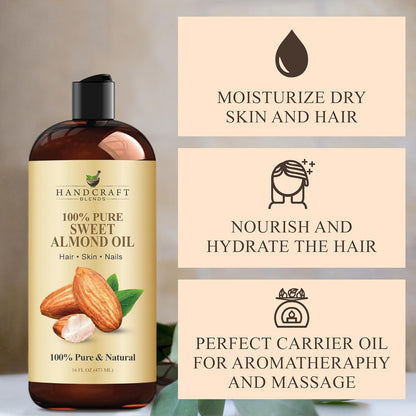 Handcraft Blends Sweet Almond Oil | 100% Pure and Natural | Bath & Body Oil | Premium Grade Carrier Oil..