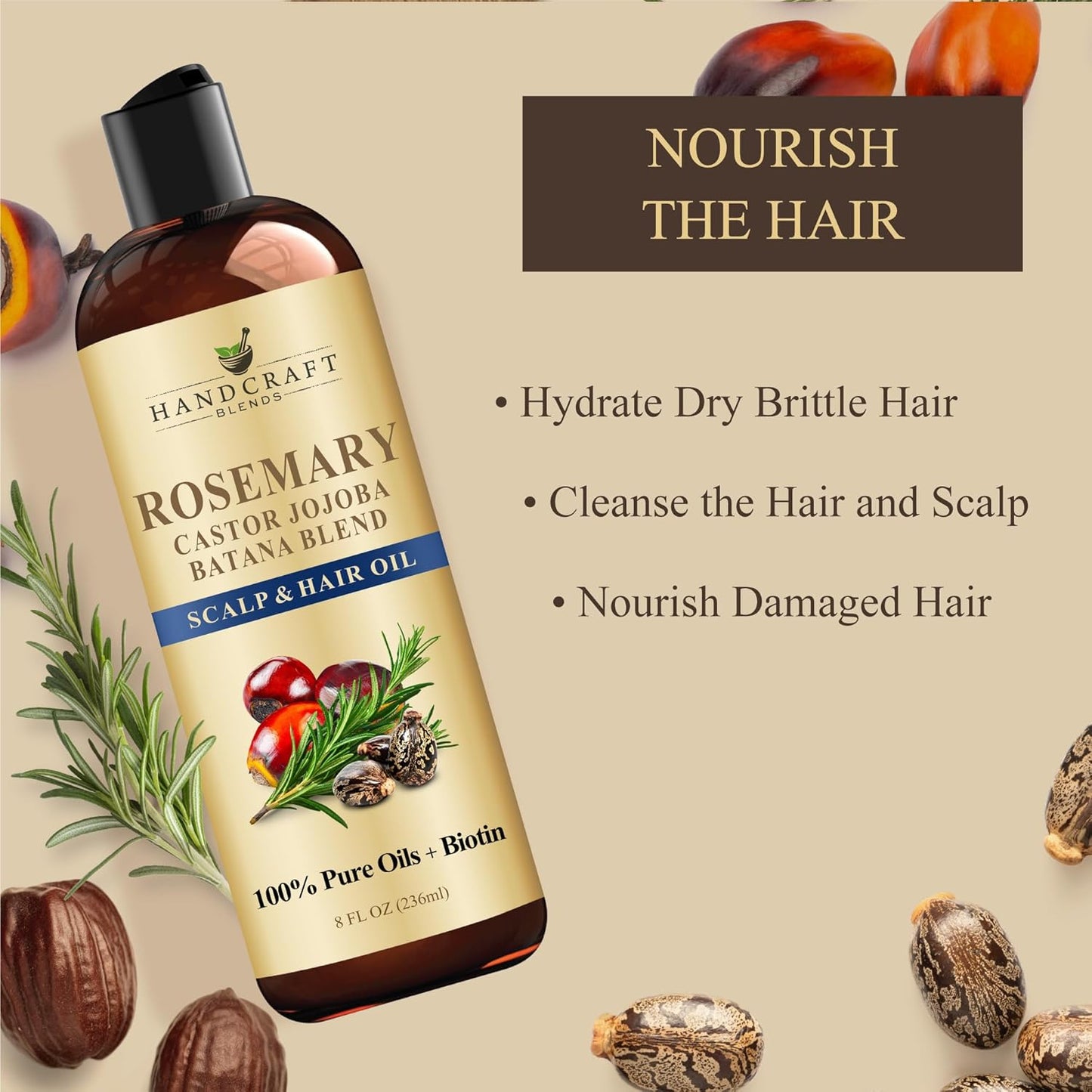 Handcraft Blends Rosemary Oil for Hair 8 Fl Oz | Nourishing Hair Oil | 100% Pure and Natural | Rosemary, Castor, Jojoba, and Batana ..