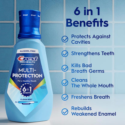 Crest Pro Health Advanced Multi-Protection Mouthwash, Alcohol Free, Extra Deep Clean Fresh Mint, 500 mL (16.9 Fl Oz), Pack of 4