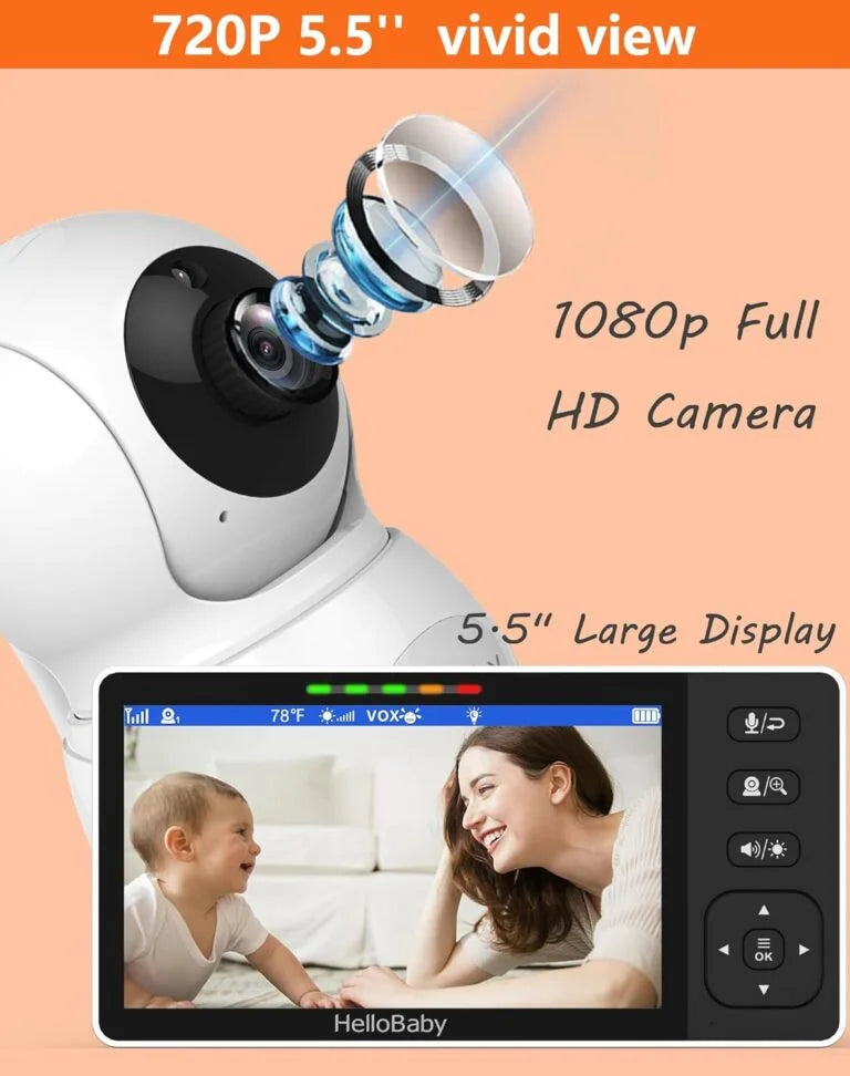 HelloBaby 720P 5.5” HD Baby Monitor with Camera and Audio No WiFi