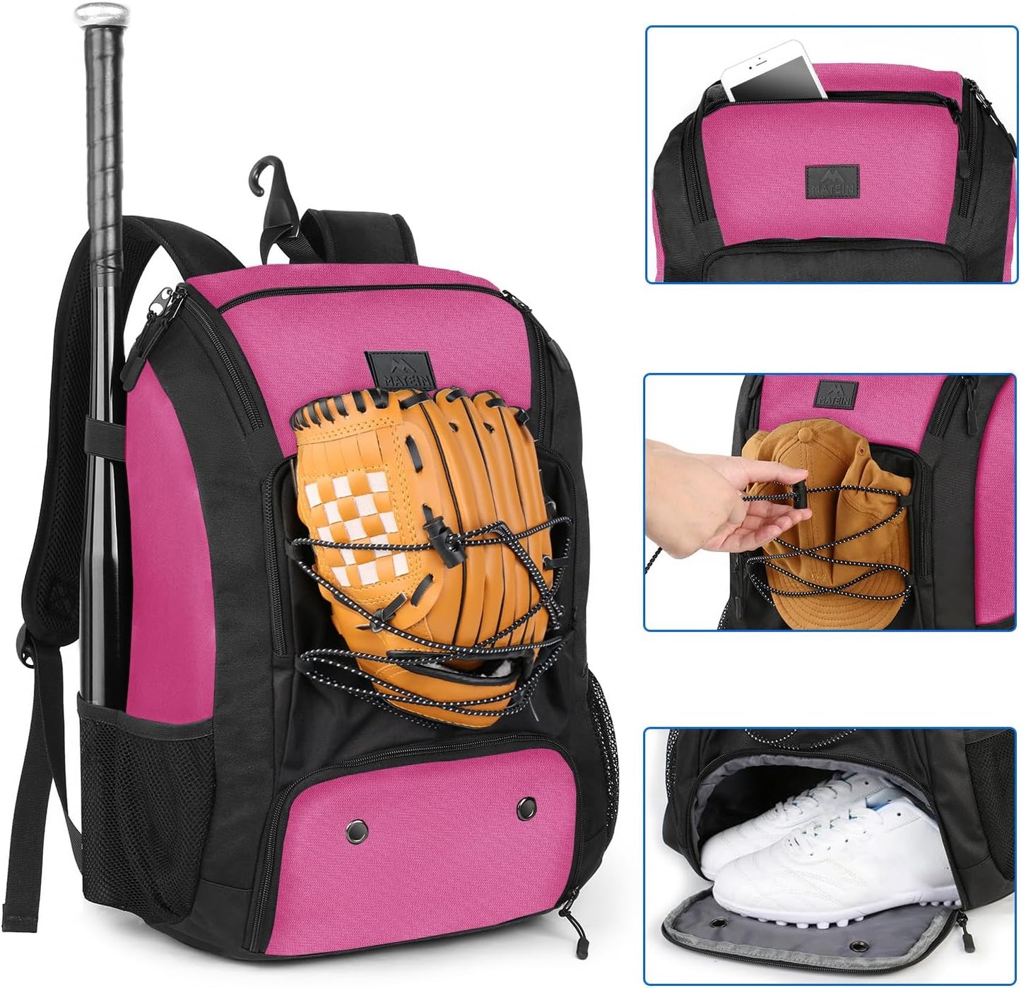 MATEIN Baseball Backpack, Softball Bat Bag with Shoes Compartment for Youth (Pink-Black)