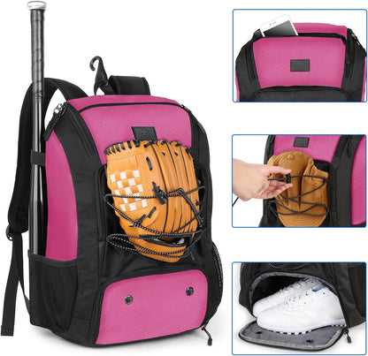 MATEIN Baseball Backpack, Softball Bat Bag with Shoes Compartment for Youth (Pink-Black)