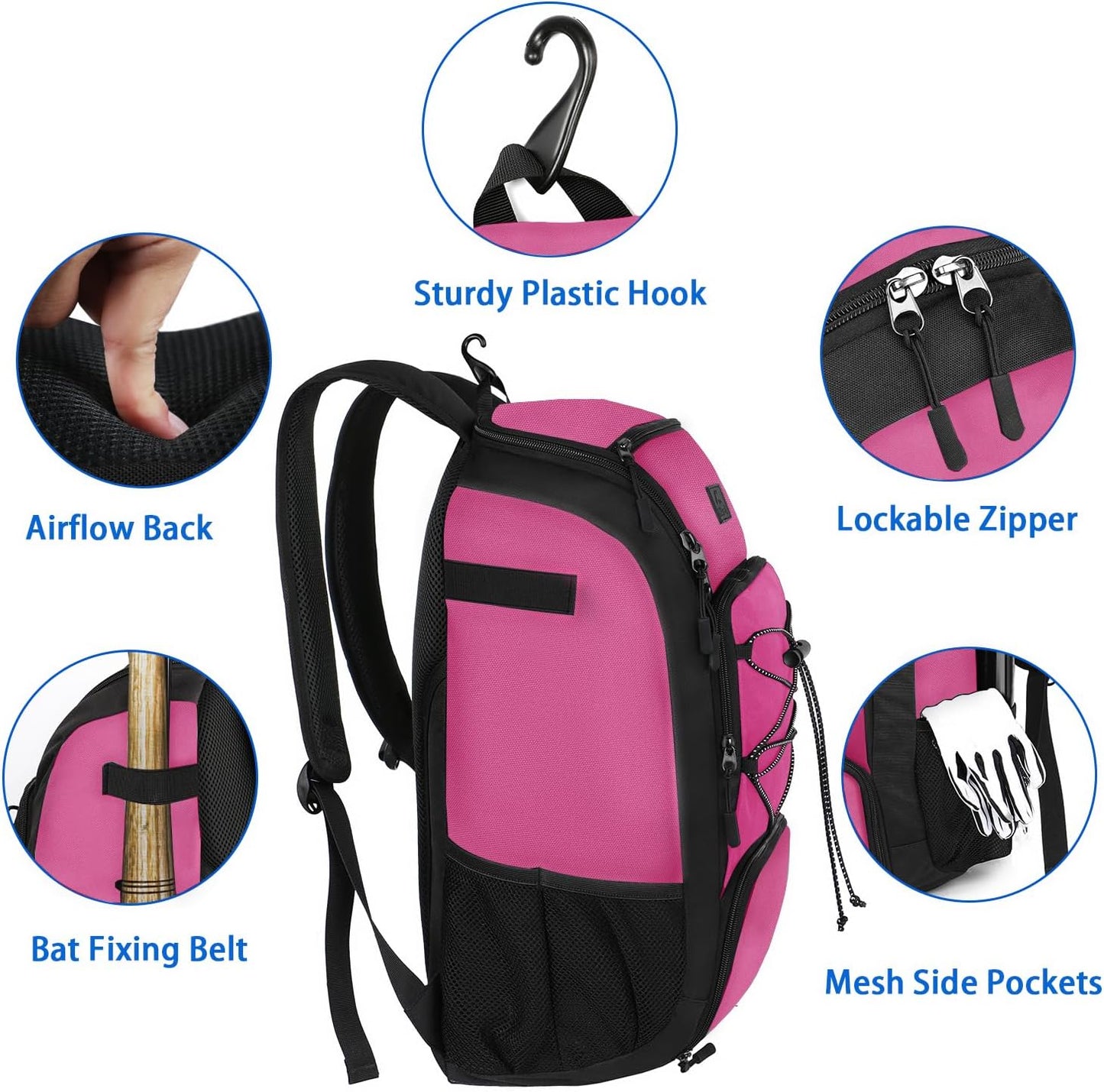 MATEIN Baseball Backpack, Softball Bat Bag with Shoes Compartment for Youth (Pink-Black)
