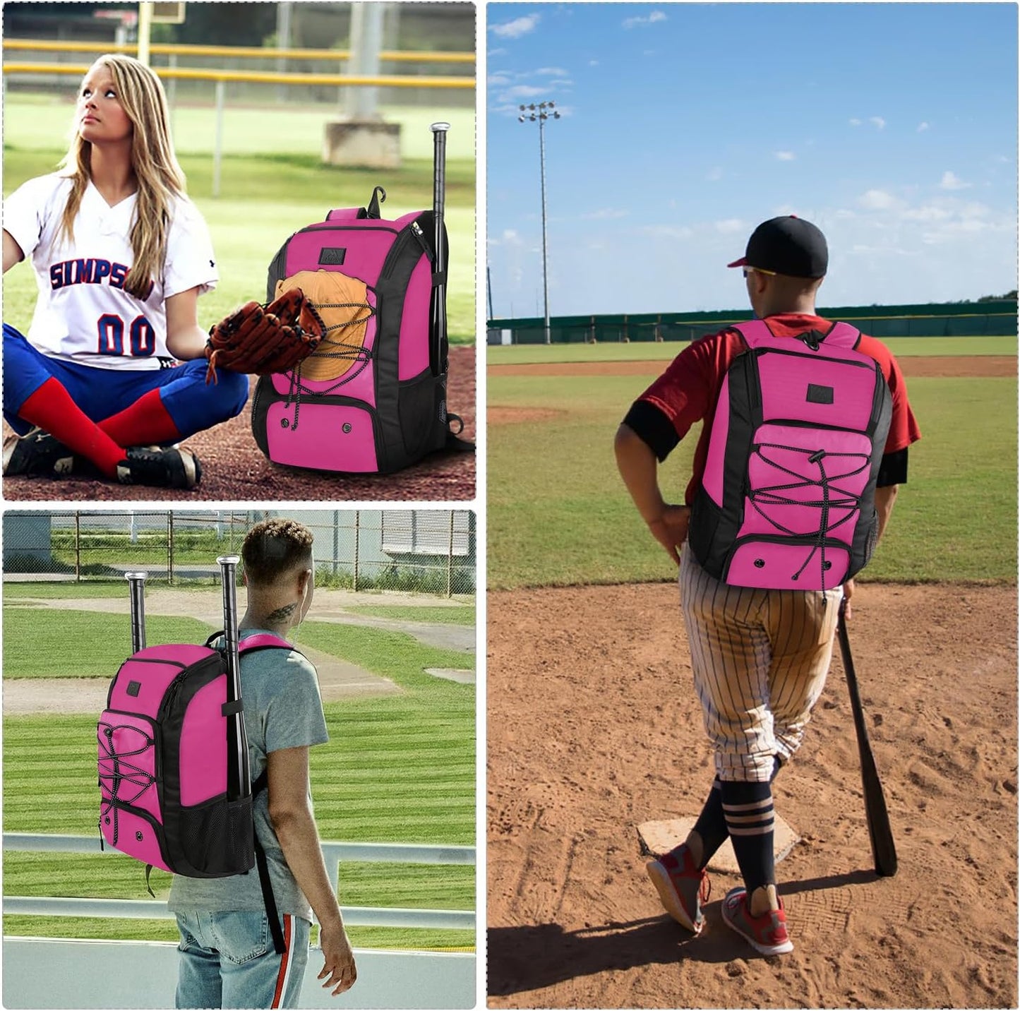 MATEIN Baseball Backpack, Softball Bat Bag with Shoes Compartment for Youth (Pink-Black)