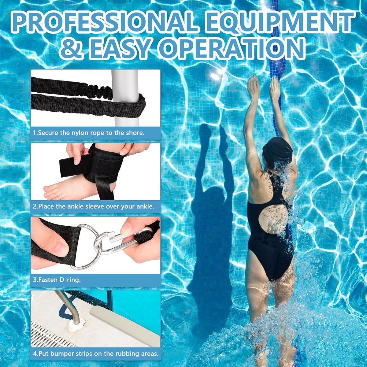 Hikeen Swimming Training Belt - 4M Tether for Swim in Place, Stationary Harness..