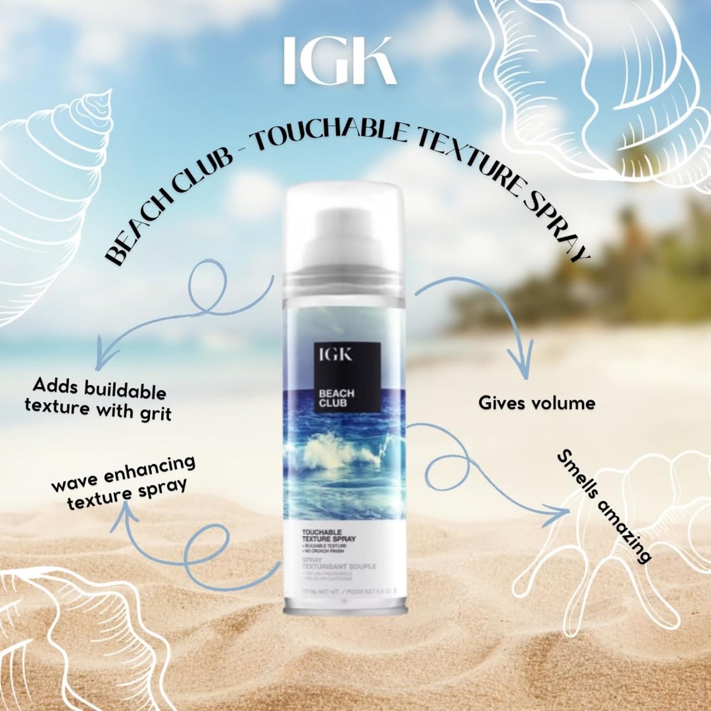 IGK Beach Club Volumizing Texture Spray, Beach Waves + Instant Volume, 5 Oz | Tousled Beachy Texture..