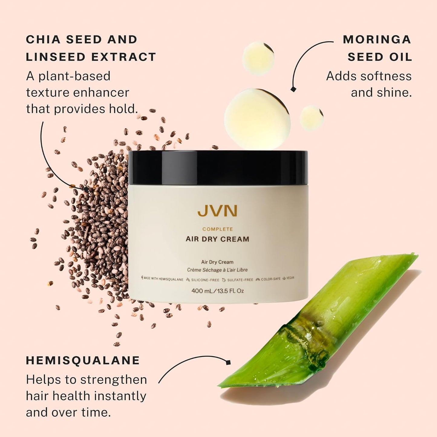 JVN No Heat Complete Air Dry Cream, 13.5 Fl Oz, Jumbo Size, Hair Smoothing Cream Enhances Your Natural Texture..