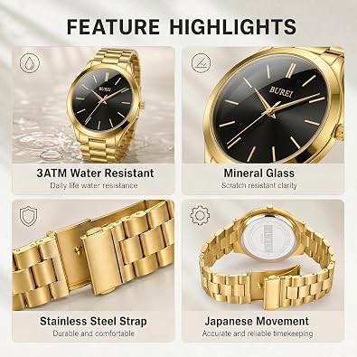 BUREI Men Watches Fashion Analog Stainless Steel Quartz Waterproof Watches