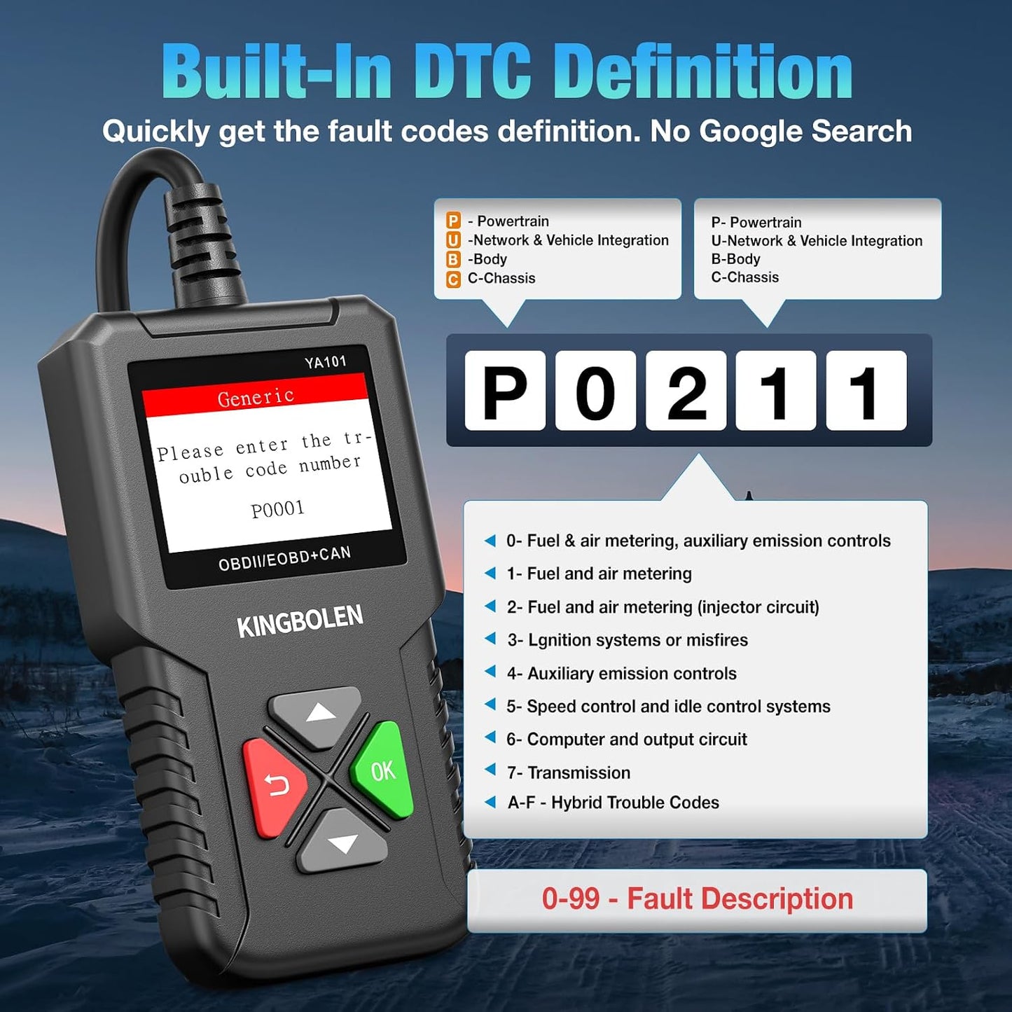 KINGBOLEN OBD2 Scanner YA101 Code Reader, Universal Automotive Engine..