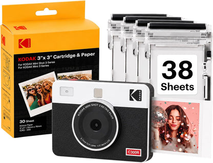 KODAK Mini Shot 3 Retro 3x3 Instant Camera, Photo Printer, 38 Sheet, White..
