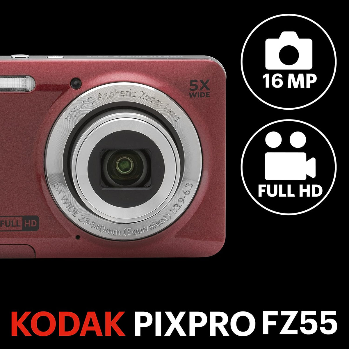 KODAK PIXPRO FZ55 16MP Compact Digital Camera, 5X Optical Zoom, Red