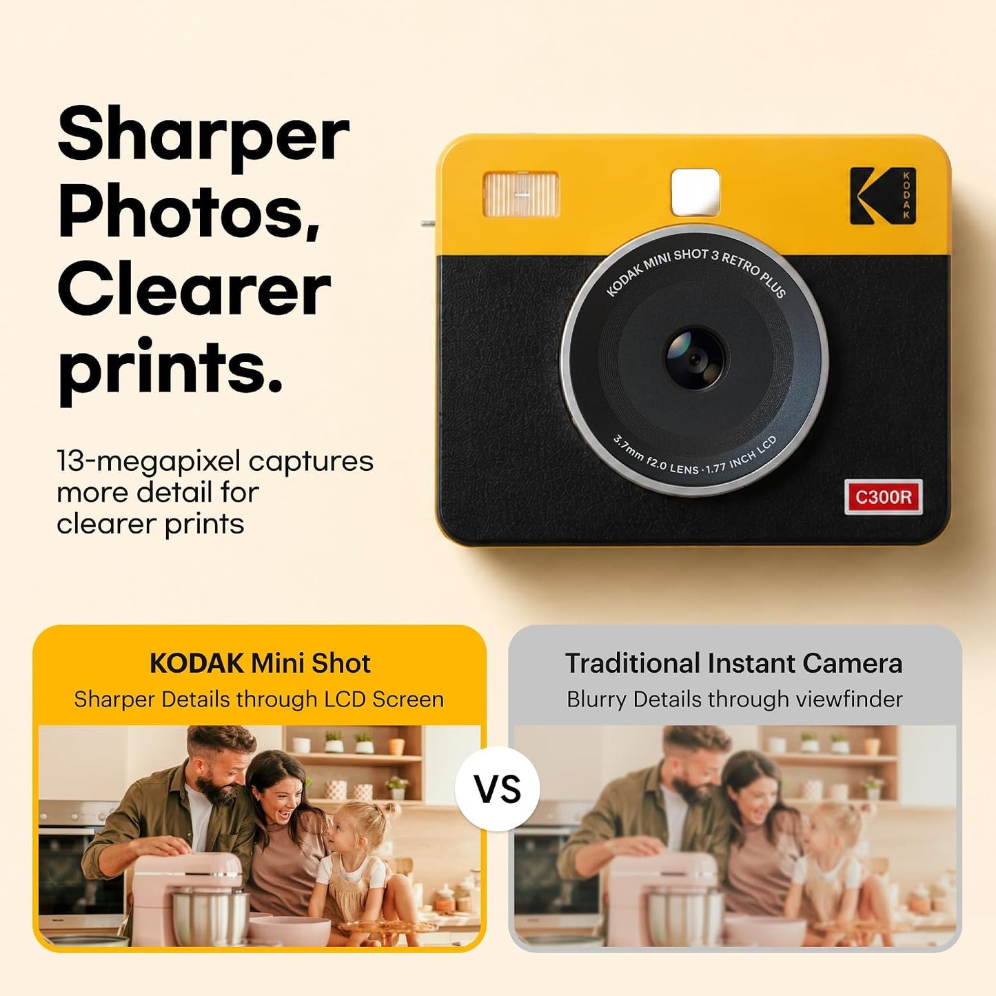 KODAK Mini Shot 3 Retro 3x3 Instant Camera, Photo Printer, 38 Sheet, White..