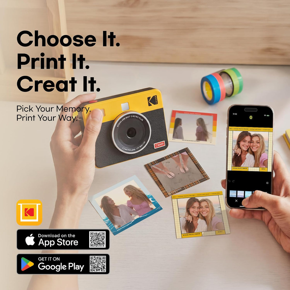 KODAK Mini Shot 3 Retro 3x3 Instant Camera, Photo Printer, 38 Sheet, White..