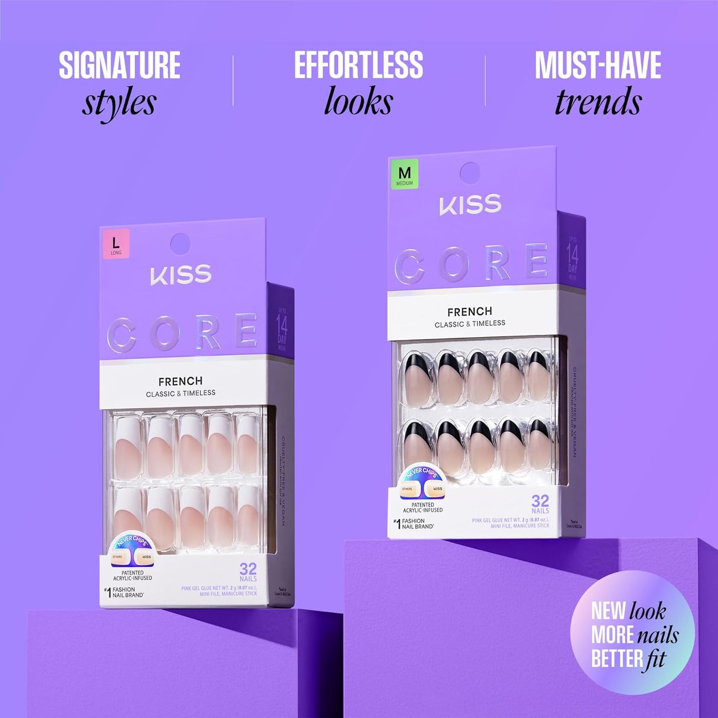 Kiss Core, Press On Nails, Nail glue included, 'Reunion', White, Medium Size, Coffin Shape, Includes 32 Nails..