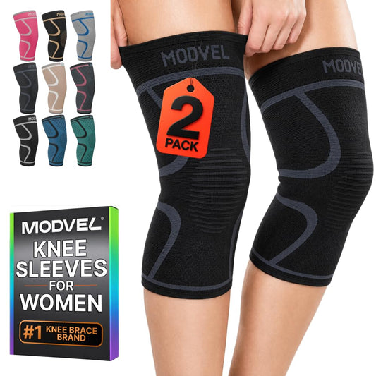 Modvel 2 Pack Knee Brace for Women - Knee Support for Walking, Knee Compression Sleeves for Pain Relief