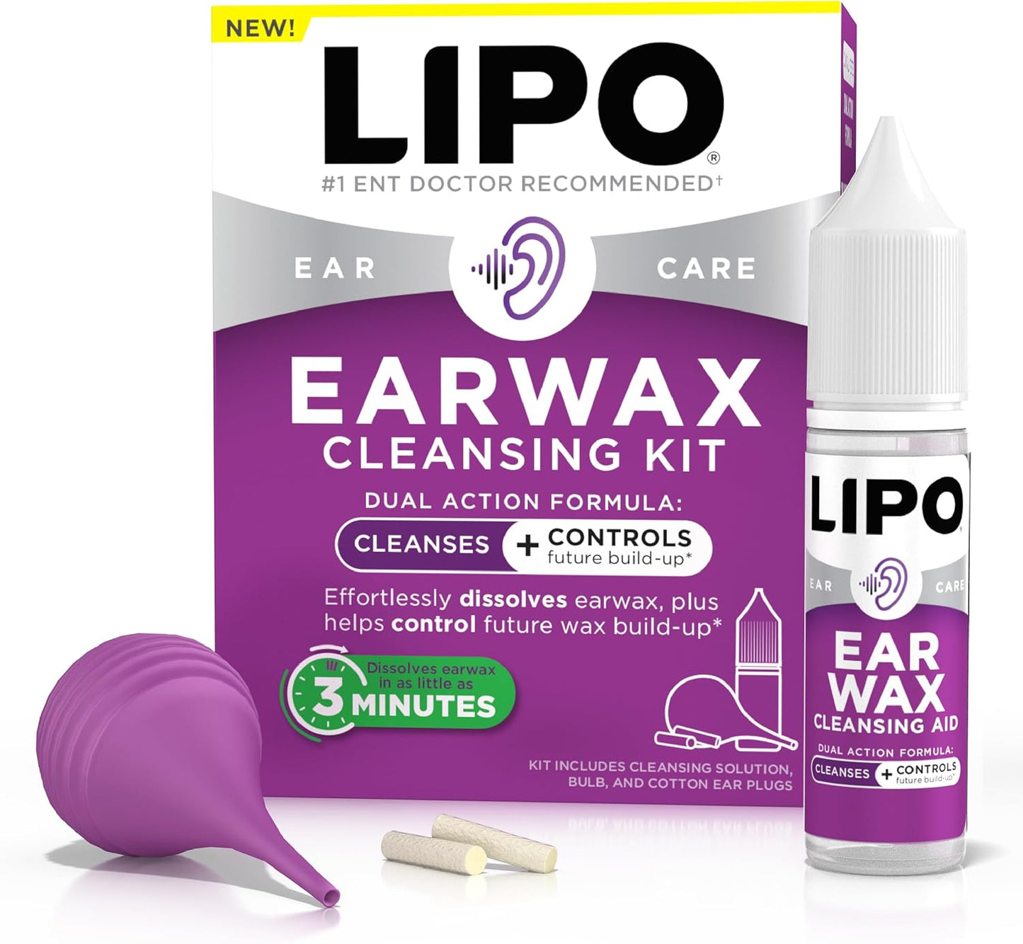 LIPO Earwax Removal Kit - Ear Wax Removal Drops with Bulb Syringe & Ear Plugs - Ear Cleaning Kit for Clogged Ears..
